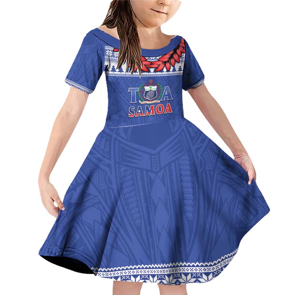 Personalised Toa Samoa Rugby Christmas Family Matching Off Shoulder Short Dress and Hawaiian Shirt Ula Fala Samoan Pattern Blue - Polynesian Pride