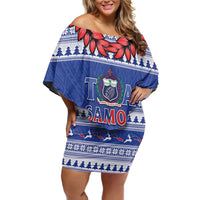 Personalised Toa Samoa Rugby Christmas Family Matching Off Shoulder Short Dress and Hawaiian Shirt Ula Fala Samoan Pattern Blue - Polynesian Pride