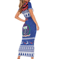 Personalised Toa Samoa Rugby Christmas Family Matching Short Sleeve Bodycon Dress and Hawaiian Shirt Ula Fala Samoan Pattern Blue - Polynesian Pride