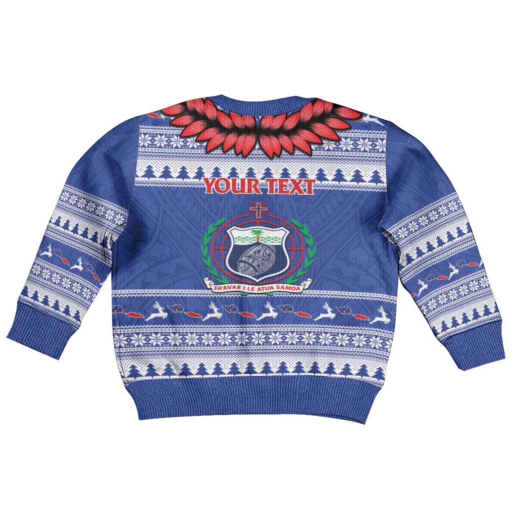 Personalised Toa Samoa Rugby Christmas Kid Ugly Christmas Sweater Ula Fala Samoan Pattern Blue - Polynesian Pride