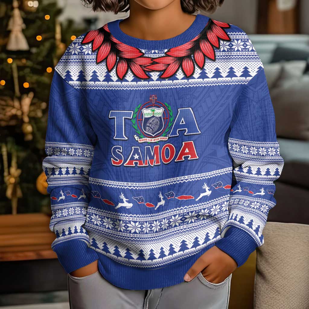 Personalised Toa Samoa Rugby Christmas Kid Ugly Christmas Sweater Ula Fala Samoan Pattern Blue - Polynesian Pride