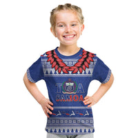 Personalised Toa Samoa Rugby Christmas Kid T Shirt Ula Fala Samoan Pattern Blue - Polynesian Pride