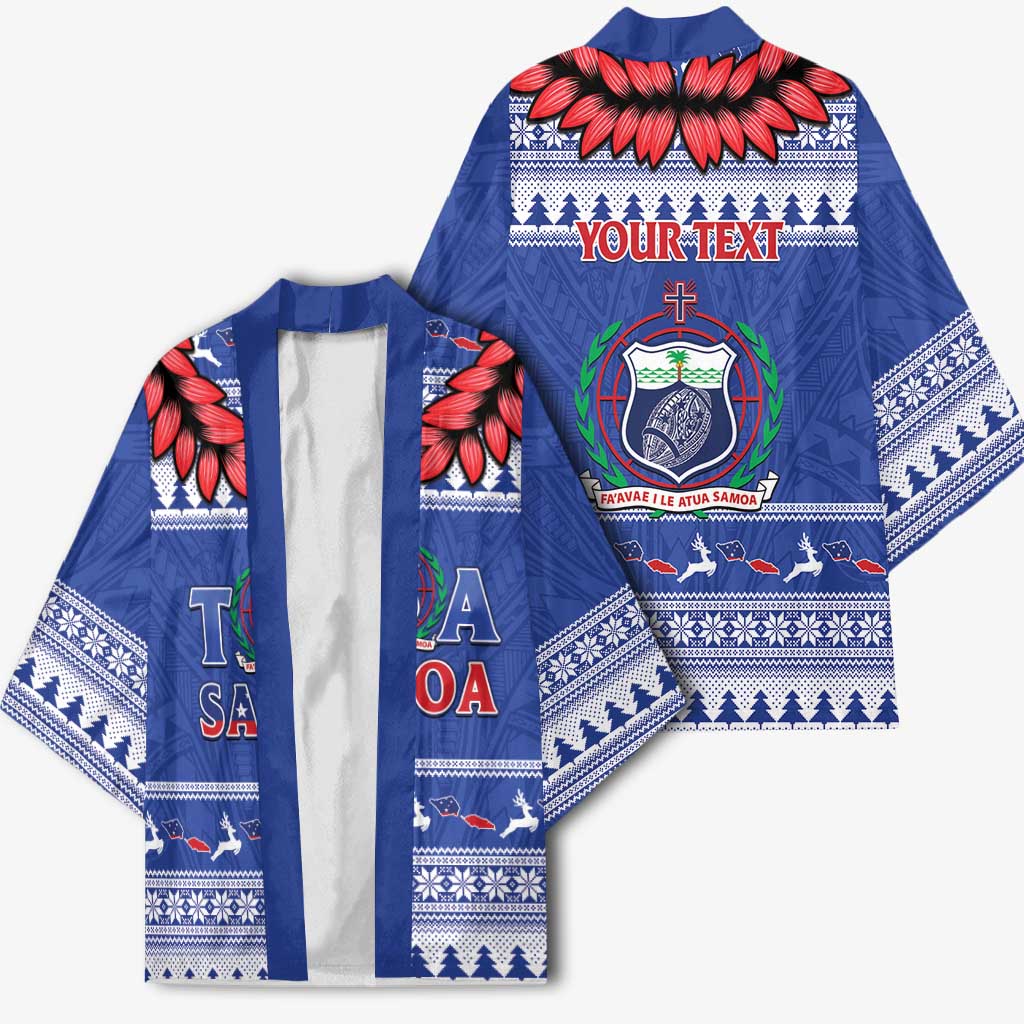 Personalised Toa Samoa Rugby Christmas Kimono Ula Fala Samoan Pattern Blue - Polynesian Pride
