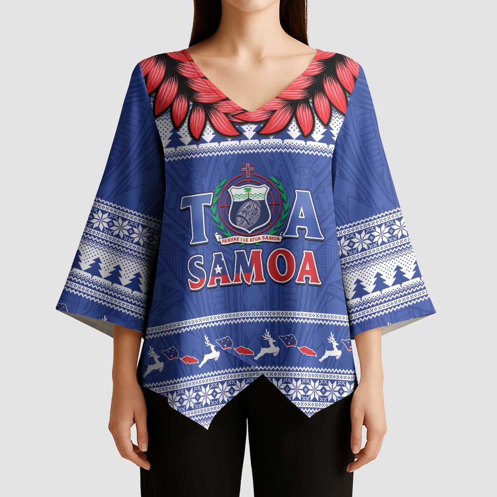 Personalised Toa Samoa Rugby Christmas Kimono Sleeve Blouse Ula Fala Samoan Pattern Blue - Polynesian Pride