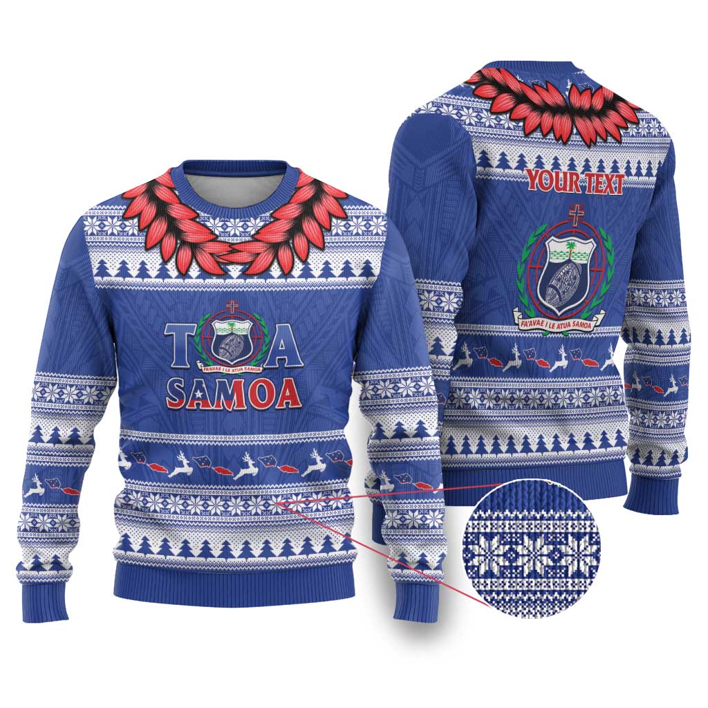 Personalised Toa Samoa Rugby Christmas Ugly Christmas Sweater Ula Fala Samoan Pattern Blue - Polynesian Pride