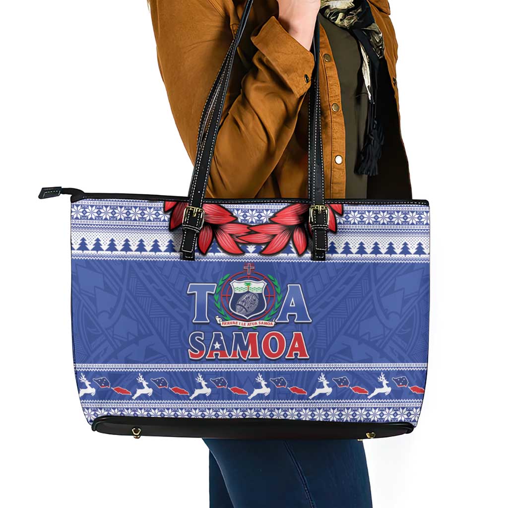 Toa Samoa Rugby Christmas Leather Tote Bag Ula Fala Samoan Pattern Blue - Polynesian Pride
