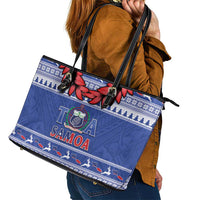 Toa Samoa Rugby Christmas Leather Tote Bag Ula Fala Samoan Pattern Blue - Polynesian Pride