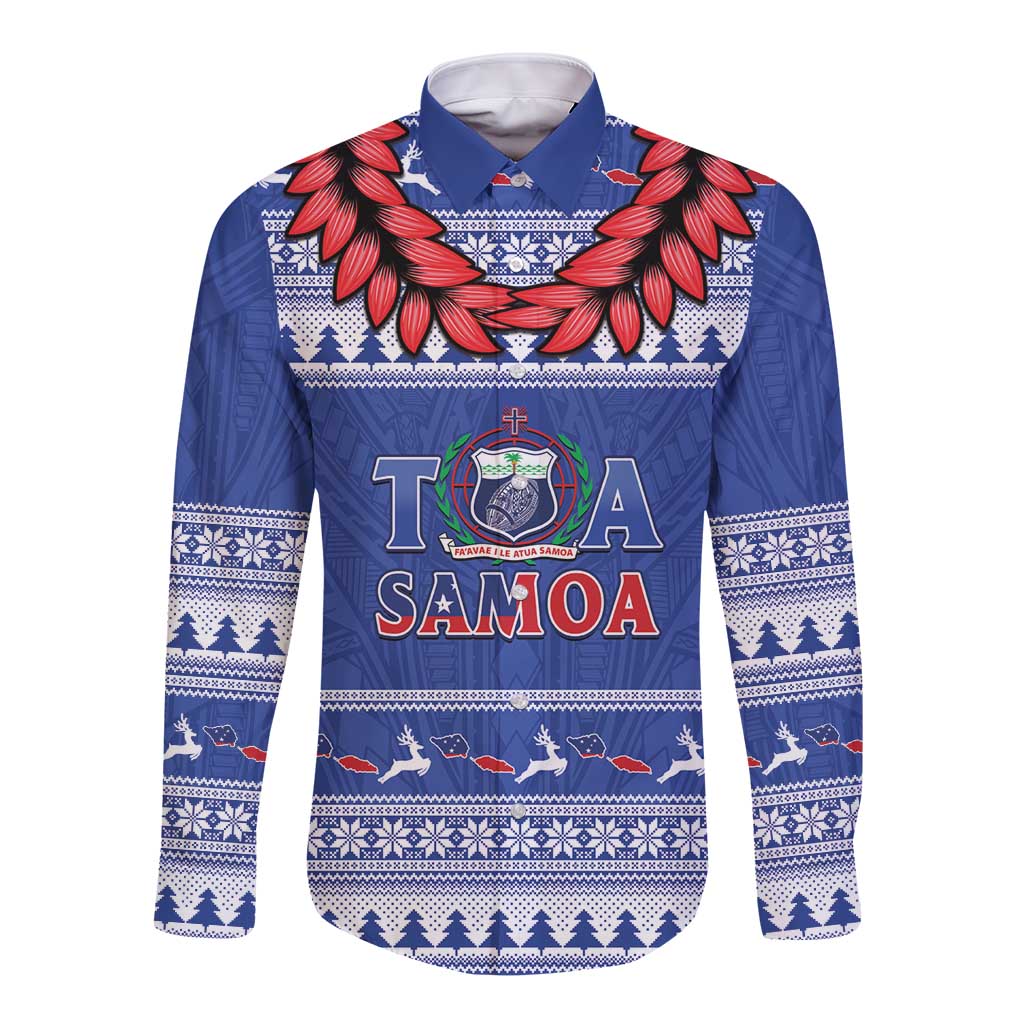 Personalised Toa Samoa Rugby Christmas Long Sleeve Button Shirt Ula Fala Samoan Pattern Blue - Polynesian Pride