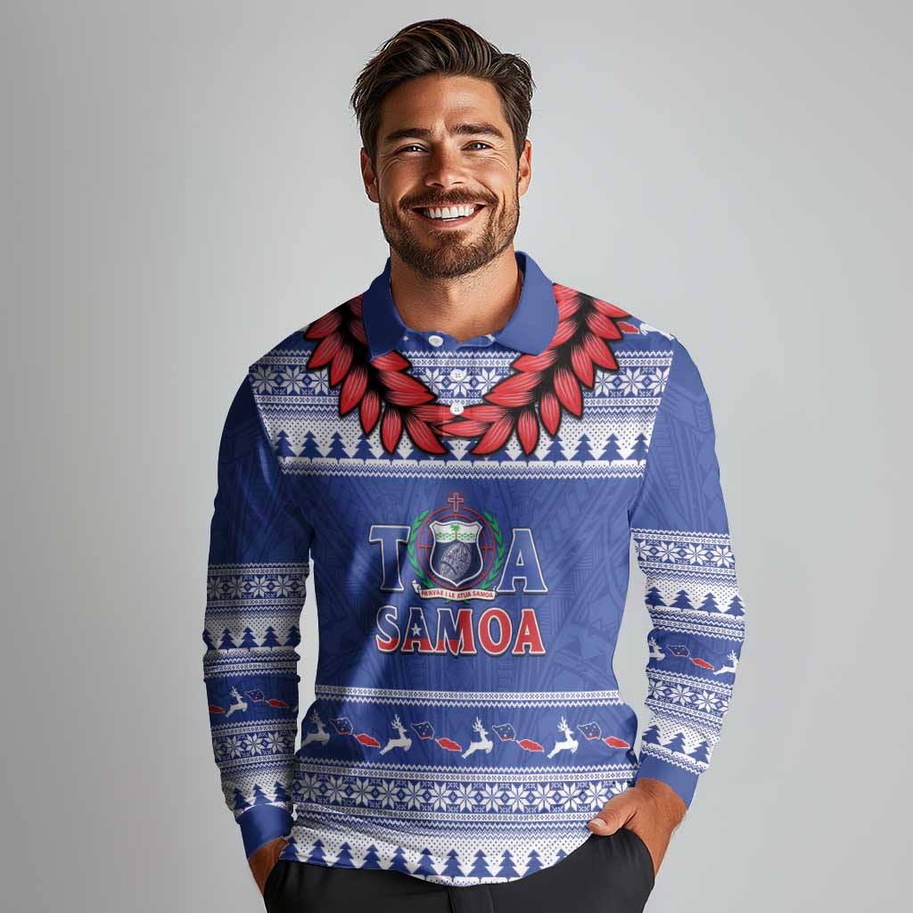 Personalised Toa Samoa Rugby Christmas Long Sleeve Polo Shirt Ula Fala Samoan Pattern Blue - Polynesian Pride