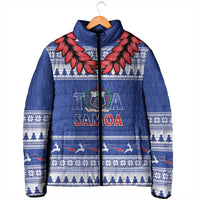 Personalised Toa Samoa Rugby Christmas Padded Jacket Ula Fala Samoan Pattern Blue - Polynesian Pride
