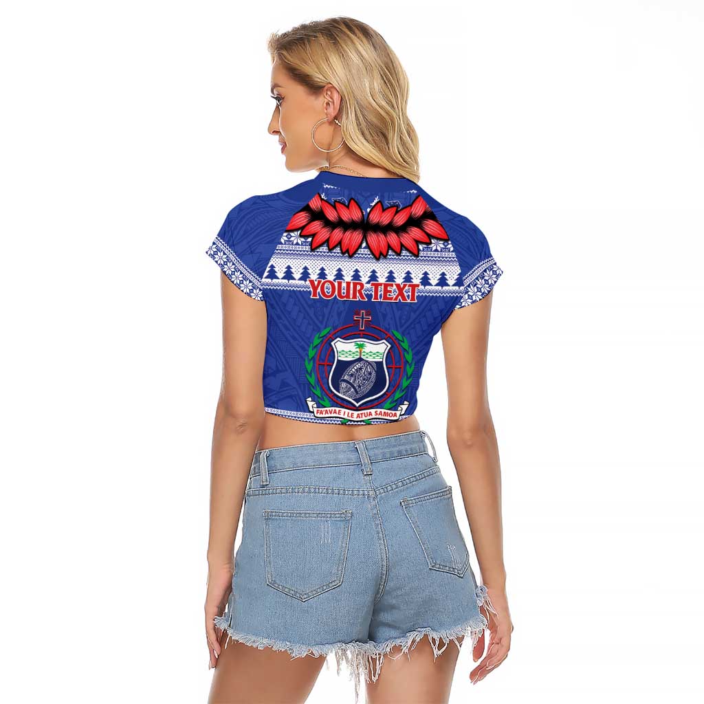 Personalised Toa Samoa Rugby Christmas Raglan Cropped T Shirt Ula Fala Samoan Pattern Blue - Polynesian Pride