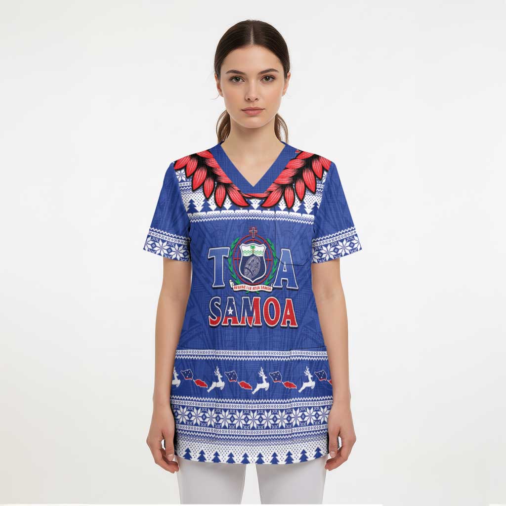 Personalised Toa Samoa Rugby Christmas Scrub Top Ula Fala Samoan Pattern Blue - Polynesian Pride