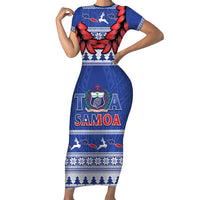Personalised Toa Samoa Rugby Christmas Short Sleeve Bodycon Dress Ula Fala Samoan Pattern Blue - Polynesian Pride