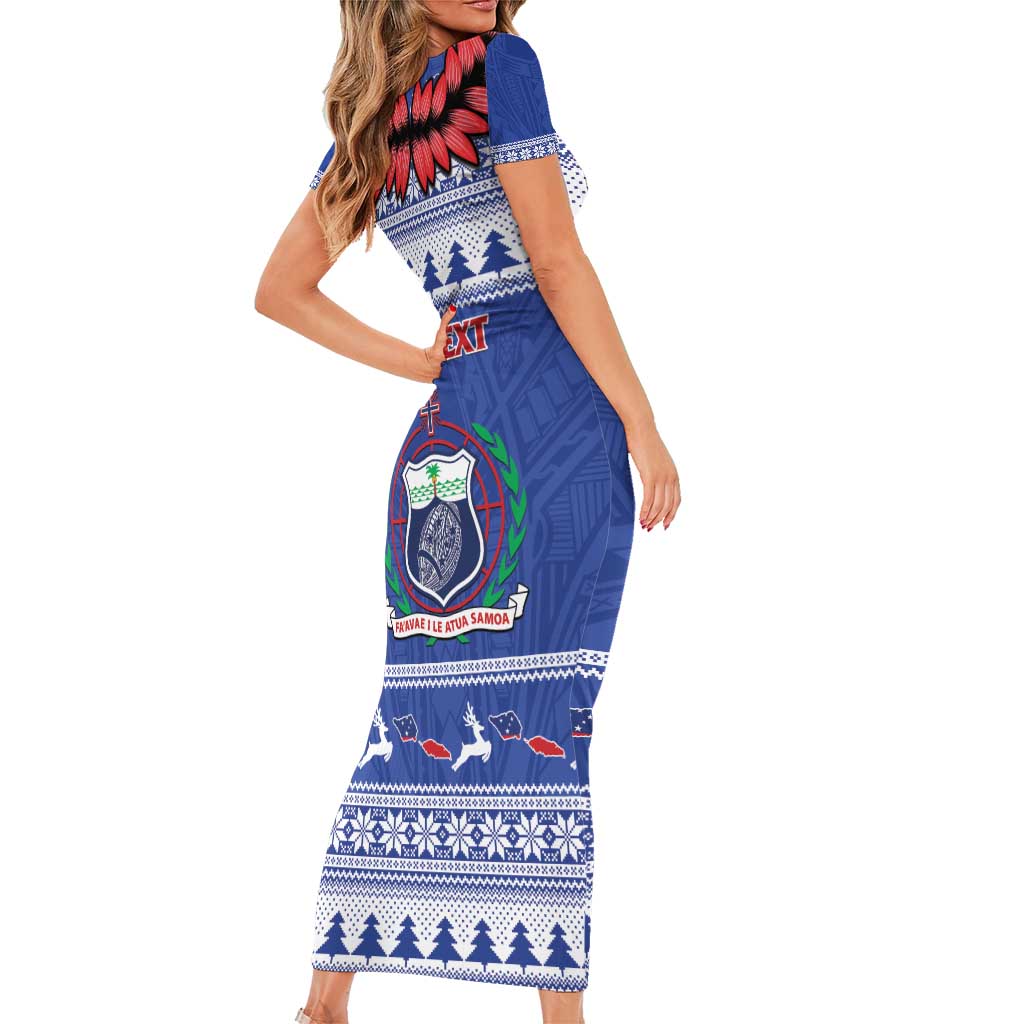 Personalised Toa Samoa Rugby Christmas Short Sleeve Bodycon Dress Ula Fala Samoan Pattern Blue - Polynesian Pride