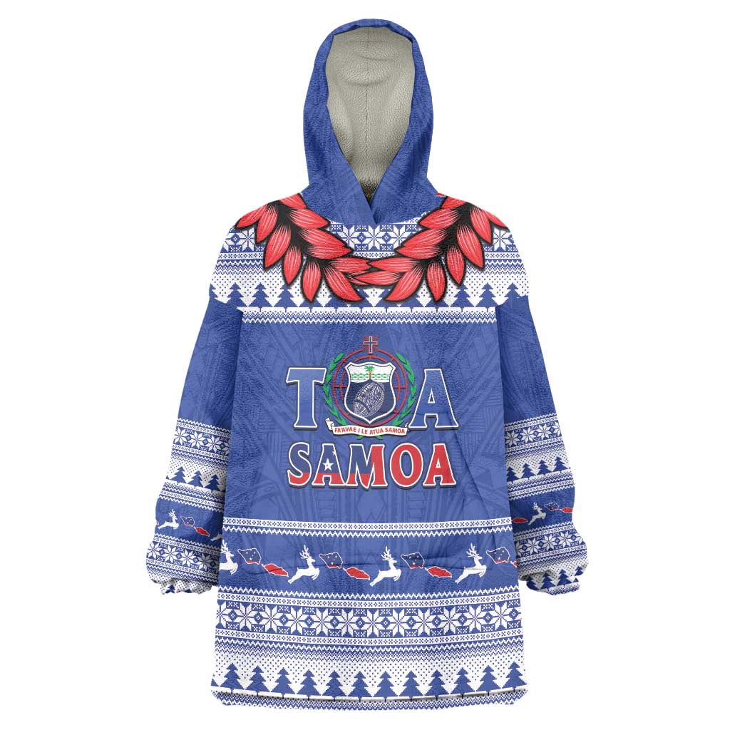 Personalised Toa Samoa Rugby Christmas Wearable Blanket Hoodie Ula Fala Samoan Pattern Blue - Polynesian Pride