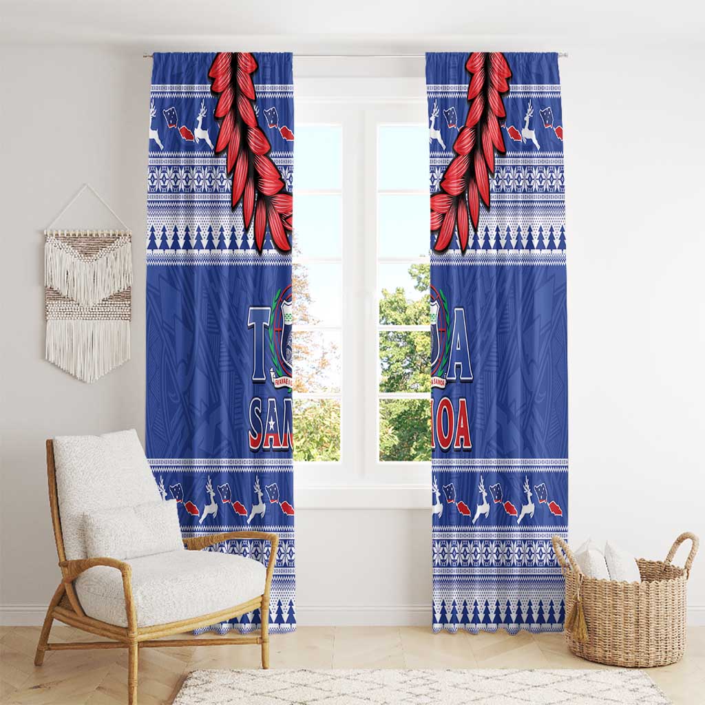 Toa Samoa Rugby Christmas Window Curtain Ula Fala Samoan Pattern Blue - Polynesian Pride