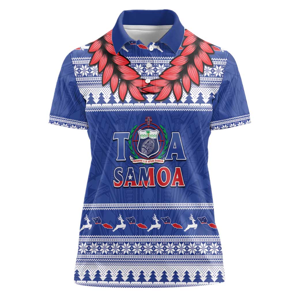 Personalised Toa Samoa Rugby Christmas Women Polo Shirt Ula Fala Samoan Pattern Blue - Polynesian Pride