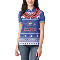 Personalised Toa Samoa Rugby Christmas Women Polo Shirt Ula Fala Samoan Pattern Blue - Polynesian Pride