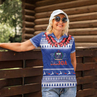 Personalised Toa Samoa Rugby Christmas Women Polo Shirt Ula Fala Samoan Pattern Blue - Polynesian Pride