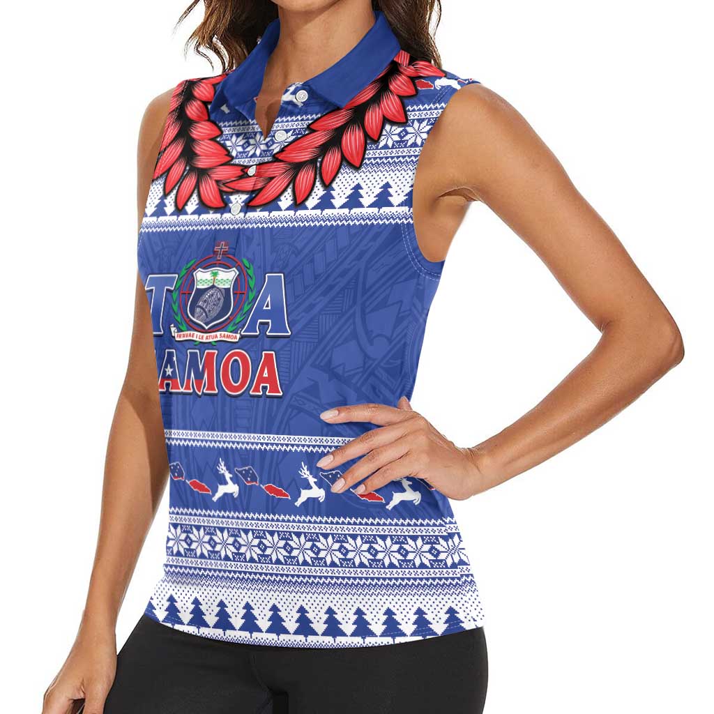 Personalised Toa Samoa Rugby Christmas Women Sleeveless Polo Shirt Ula Fala Samoan Pattern Blue - Polynesian Pride