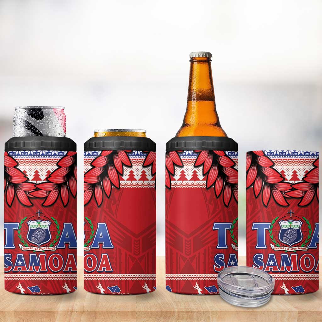 Toa Samoa Rugby Christmas 4 in 1 Can Cooler Tumbler Ula Fala Samoan Pattern Red - Polynesian Pride