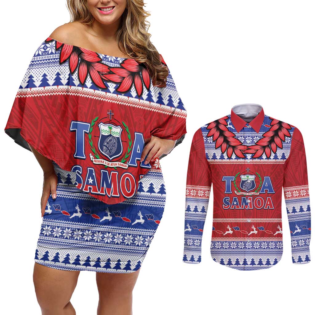 Personalised Toa Samoa Rugby Christmas Couples Matching Off Shoulder Short Dress and Long Sleeve Button Shirt Ula Fala Samoan Pattern Red - Polynesian Pride
