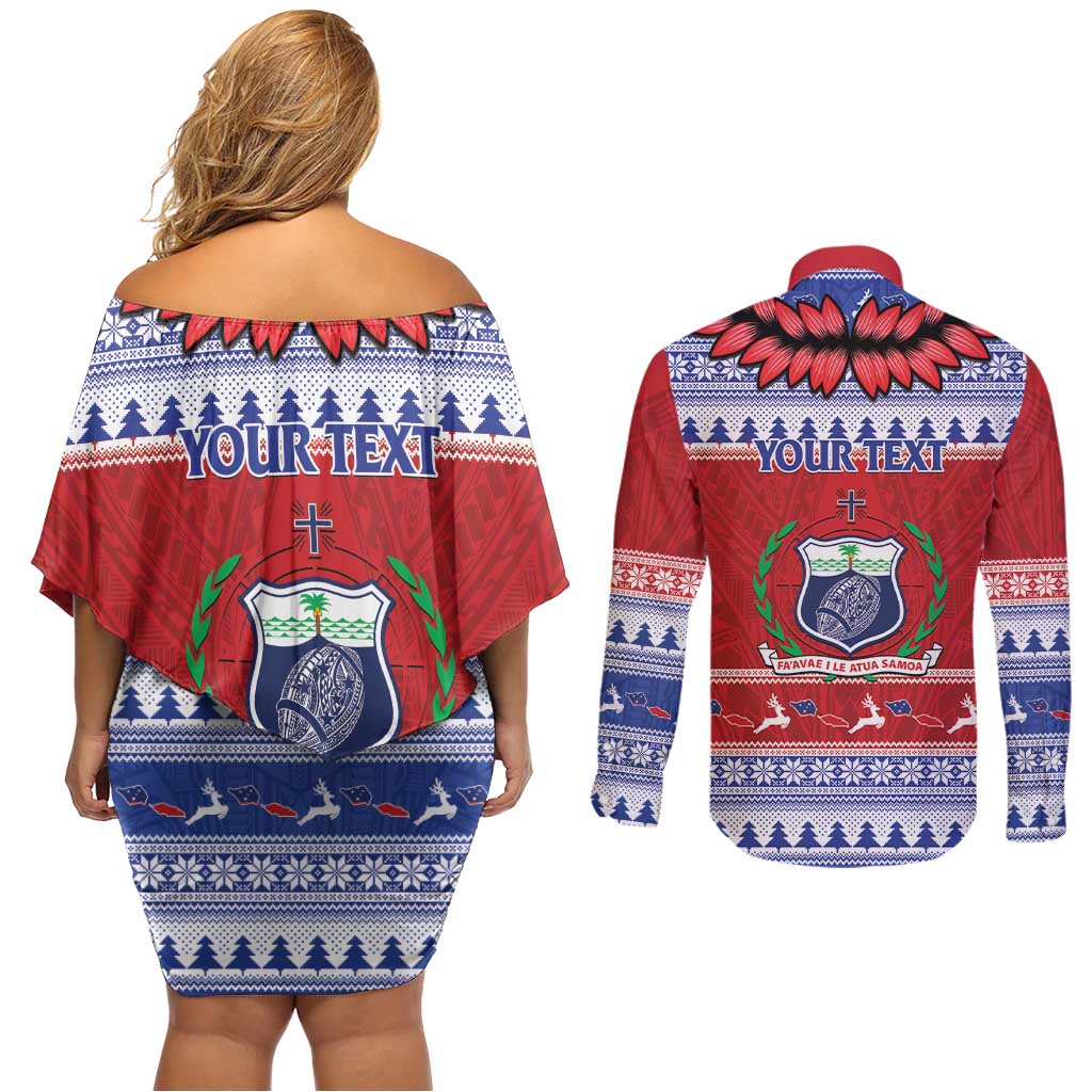 Personalised Toa Samoa Rugby Christmas Couples Matching Off Shoulder Short Dress and Long Sleeve Button Shirt Ula Fala Samoan Pattern Red - Polynesian Pride