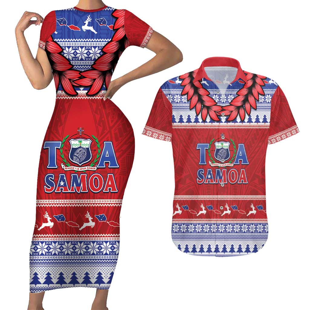 Personalised Toa Samoa Rugby Christmas Couples Matching Short Sleeve Bodycon Dress and Hawaiian Shirt Ula Fala Samoan Pattern Red - Polynesian Pride