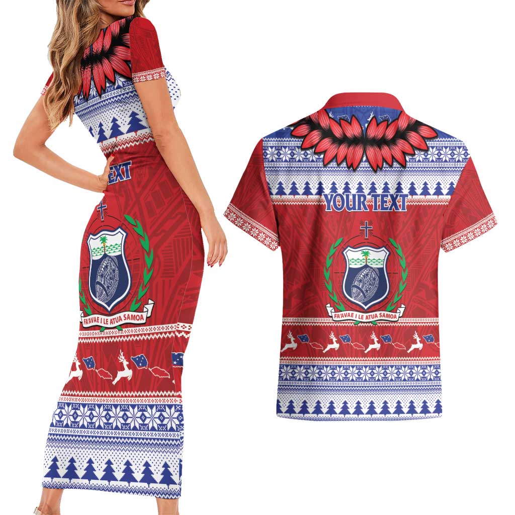 Personalised Toa Samoa Rugby Christmas Couples Matching Short Sleeve Bodycon Dress and Hawaiian Shirt Ula Fala Samoan Pattern Red - Polynesian Pride