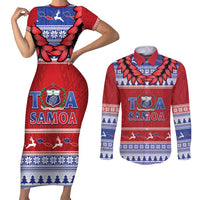 Personalised Toa Samoa Rugby Christmas Couples Matching Short Sleeve Bodycon Dress and Long Sleeve Button Shirt Ula Fala Samoan Pattern Red - Polynesian Pride