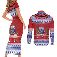 Personalised Toa Samoa Rugby Christmas Couples Matching Short Sleeve Bodycon Dress and Long Sleeve Button Shirt Ula Fala Samoan Pattern Red - Polynesian Pride