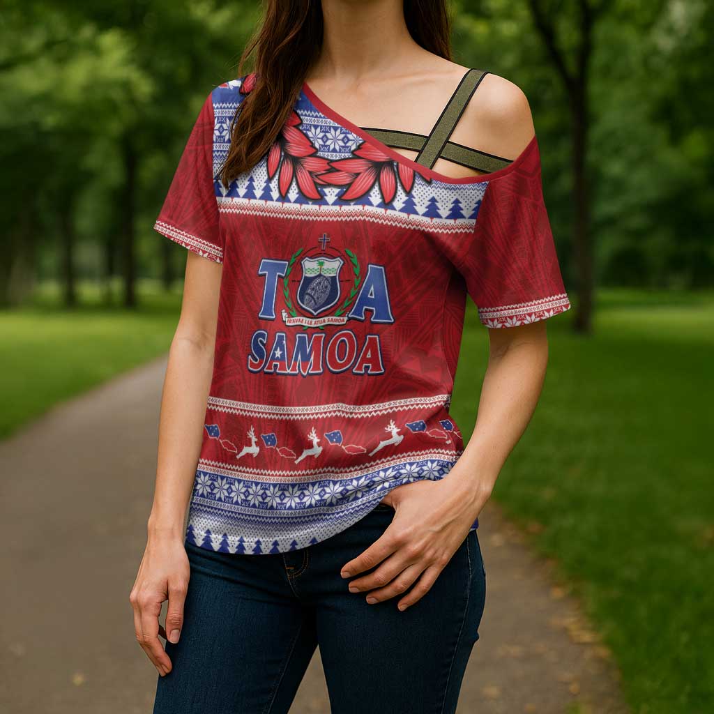 Personalised Toa Samoa Rugby Christmas Cross Shoulder Shirt Ula Fala Samoan Pattern Red - Polynesian Pride