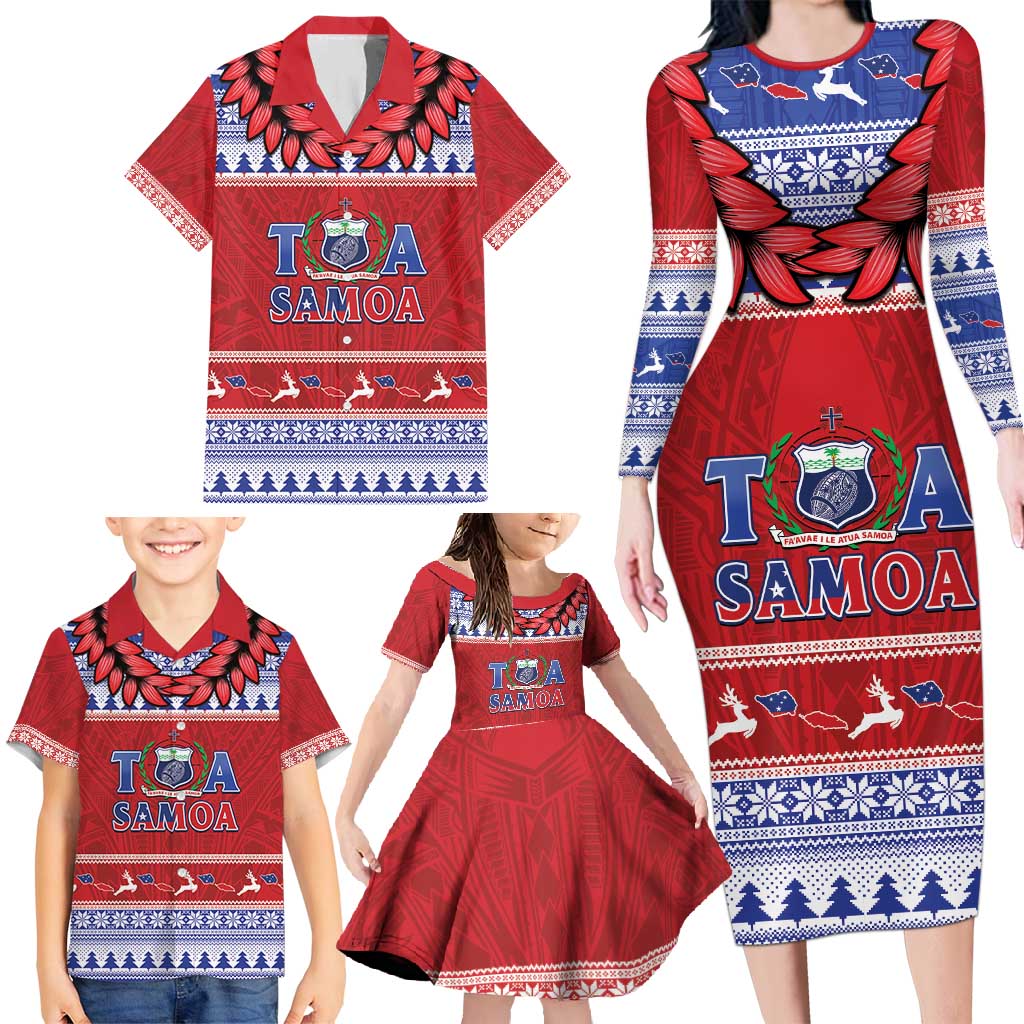 Personalised Toa Samoa Rugby Christmas Family Matching Long Sleeve Bodycon Dress and Hawaiian Shirt Ula Fala Samoan Pattern Red - Polynesian Pride