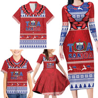 Personalised Toa Samoa Rugby Christmas Family Matching Long Sleeve Bodycon Dress and Hawaiian Shirt Ula Fala Samoan Pattern Red - Polynesian Pride