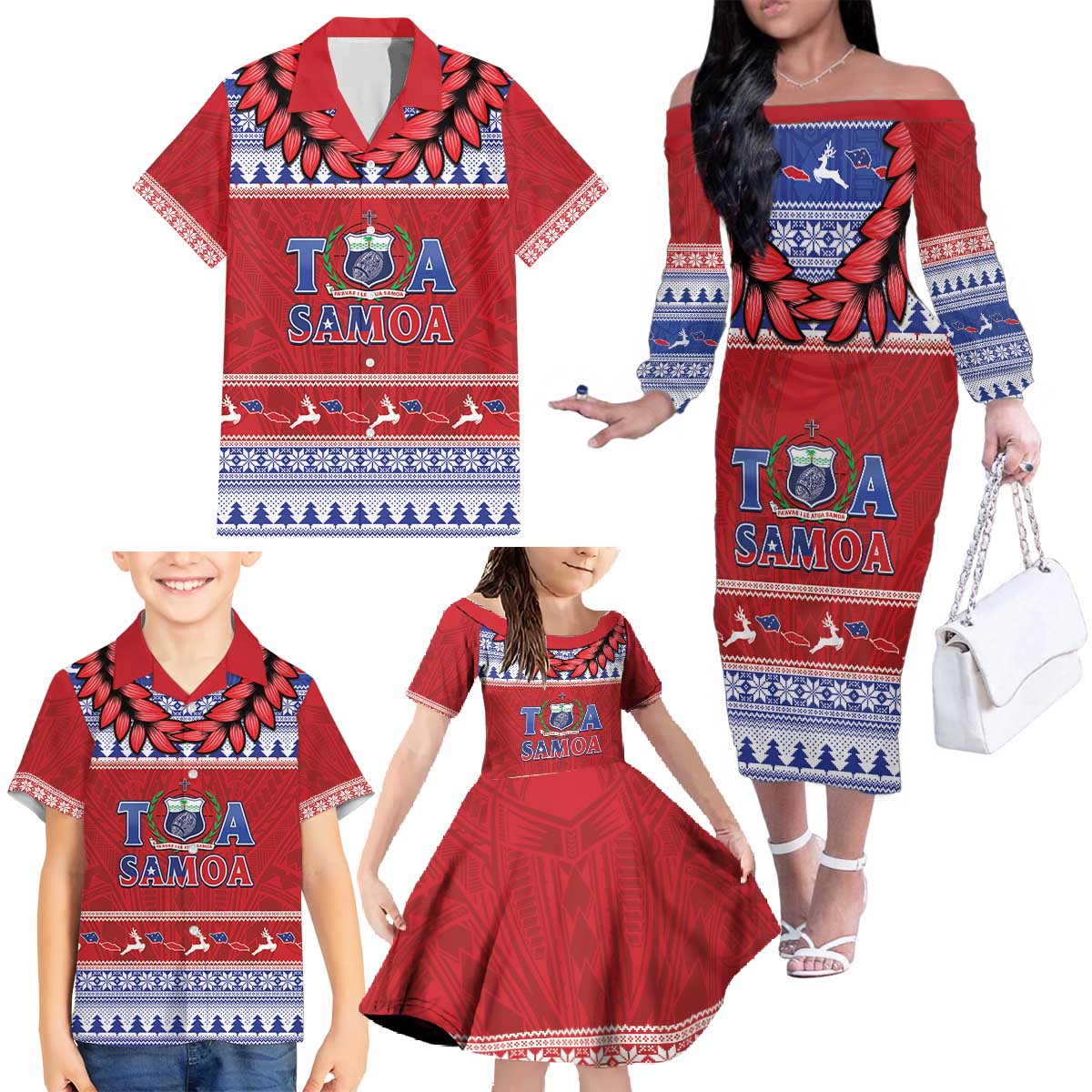 Personalised Toa Samoa Rugby Christmas Family Matching Off The Shoulder Long Sleeve Dress and Hawaiian Shirt Ula Fala Samoan Pattern Red - Polynesian Pride