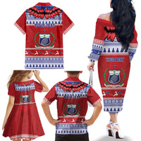 Personalised Toa Samoa Rugby Christmas Family Matching Off The Shoulder Long Sleeve Dress and Hawaiian Shirt Ula Fala Samoan Pattern Red - Polynesian Pride