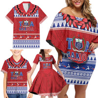 Personalised Toa Samoa Rugby Christmas Family Matching Off Shoulder Short Dress and Hawaiian Shirt Ula Fala Samoan Pattern Red - Polynesian Pride