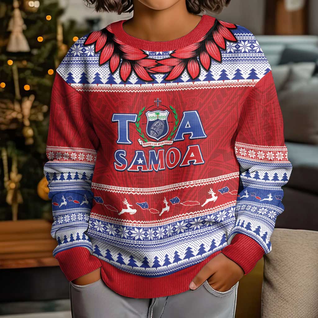 Personalised Toa Samoa Rugby Christmas Kid Ugly Christmas Sweater Ula Fala Samoan Pattern Red - Polynesian Pride