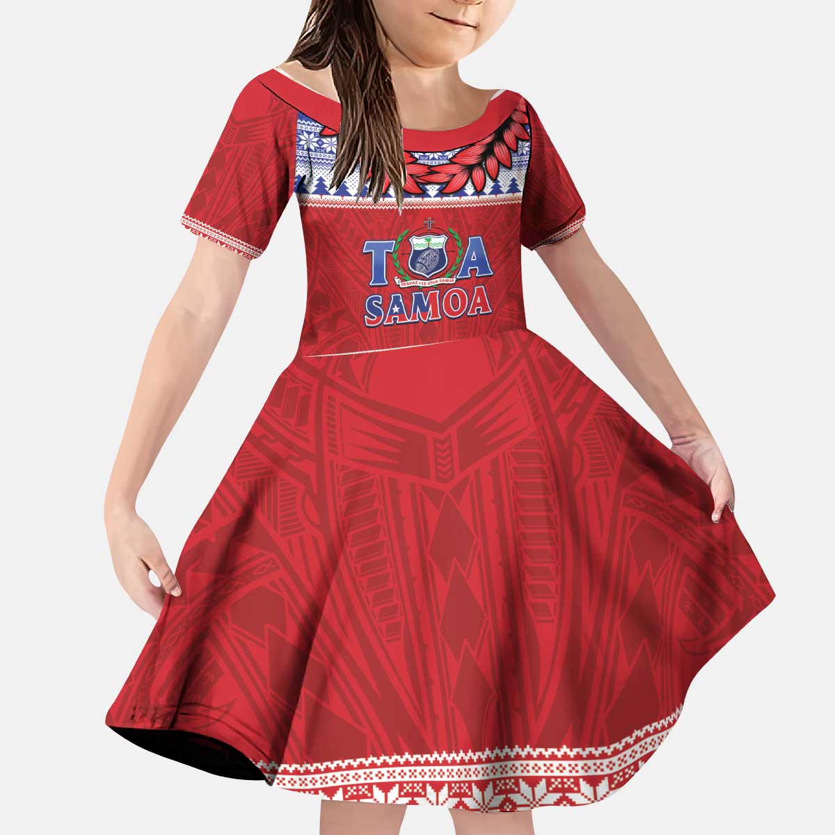 Personalised Toa Samoa Rugby Christmas Kid Short Sleeve Dress Ula Fala Samoan Pattern Red - Polynesian Pride