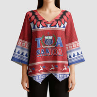 Personalised Toa Samoa Rugby Christmas Kimono Sleeve Blouse Ula Fala Samoan Pattern Red - Polynesian Pride