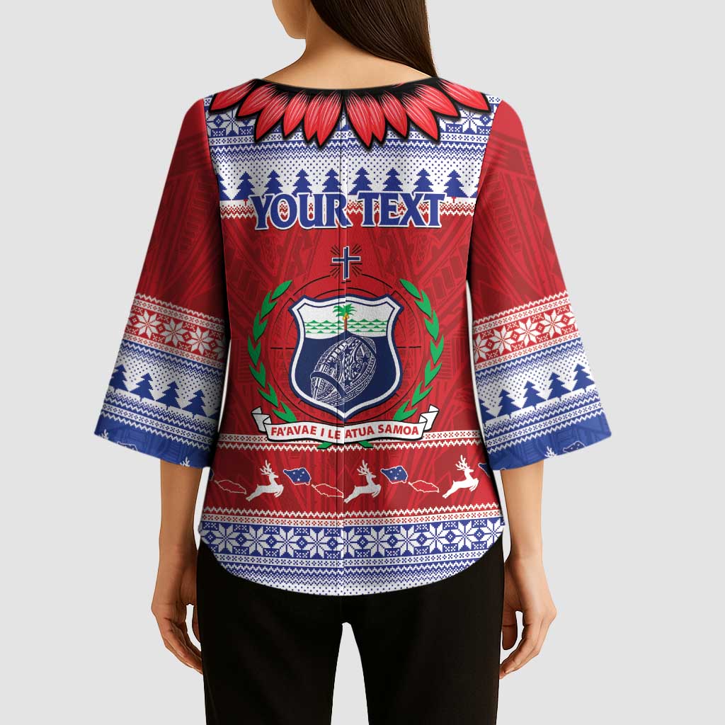 Personalised Toa Samoa Rugby Christmas Kimono Sleeve Blouse Ula Fala Samoan Pattern Red - Polynesian Pride