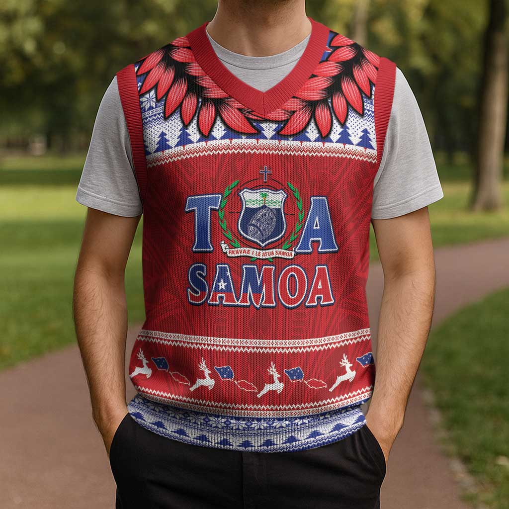 Personalised Toa Samoa Rugby Christmas Knitted V-Neck Vest Ula Fala Samoan Pattern Red - Polynesian Pride