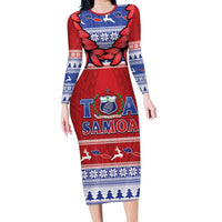 Personalised Toa Samoa Rugby Christmas Long Sleeve Bodycon Dress Ula Fala Samoan Pattern Red - Polynesian Pride