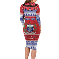 Personalised Toa Samoa Rugby Christmas Long Sleeve Bodycon Dress Ula Fala Samoan Pattern Red - Polynesian Pride