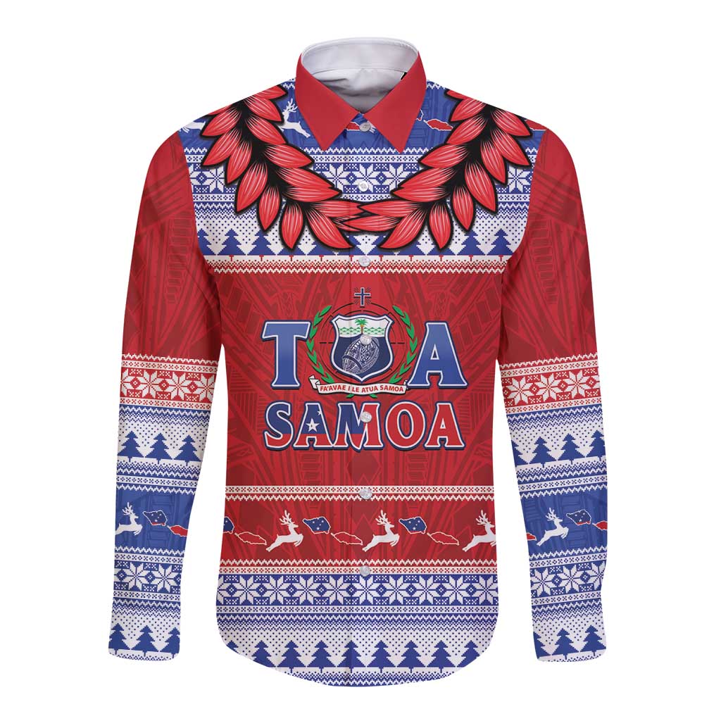 Personalised Toa Samoa Rugby Christmas Long Sleeve Button Shirt Ula Fala Samoan Pattern Red - Polynesian Pride