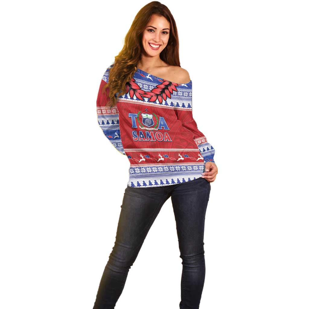 Personalised Toa Samoa Rugby Christmas Off Shoulder Sweater Ula Fala Samoan Pattern Red - Polynesian Pride