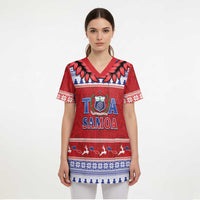 Personalised Toa Samoa Rugby Christmas Scrub Top Ula Fala Samoan Pattern Red - Polynesian Pride