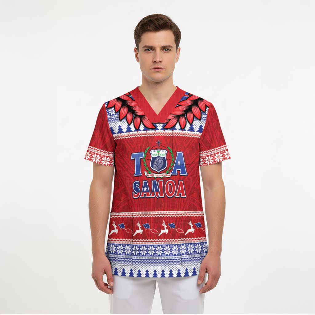 Personalised Toa Samoa Rugby Christmas Scrub Top Ula Fala Samoan Pattern Red - Polynesian Pride