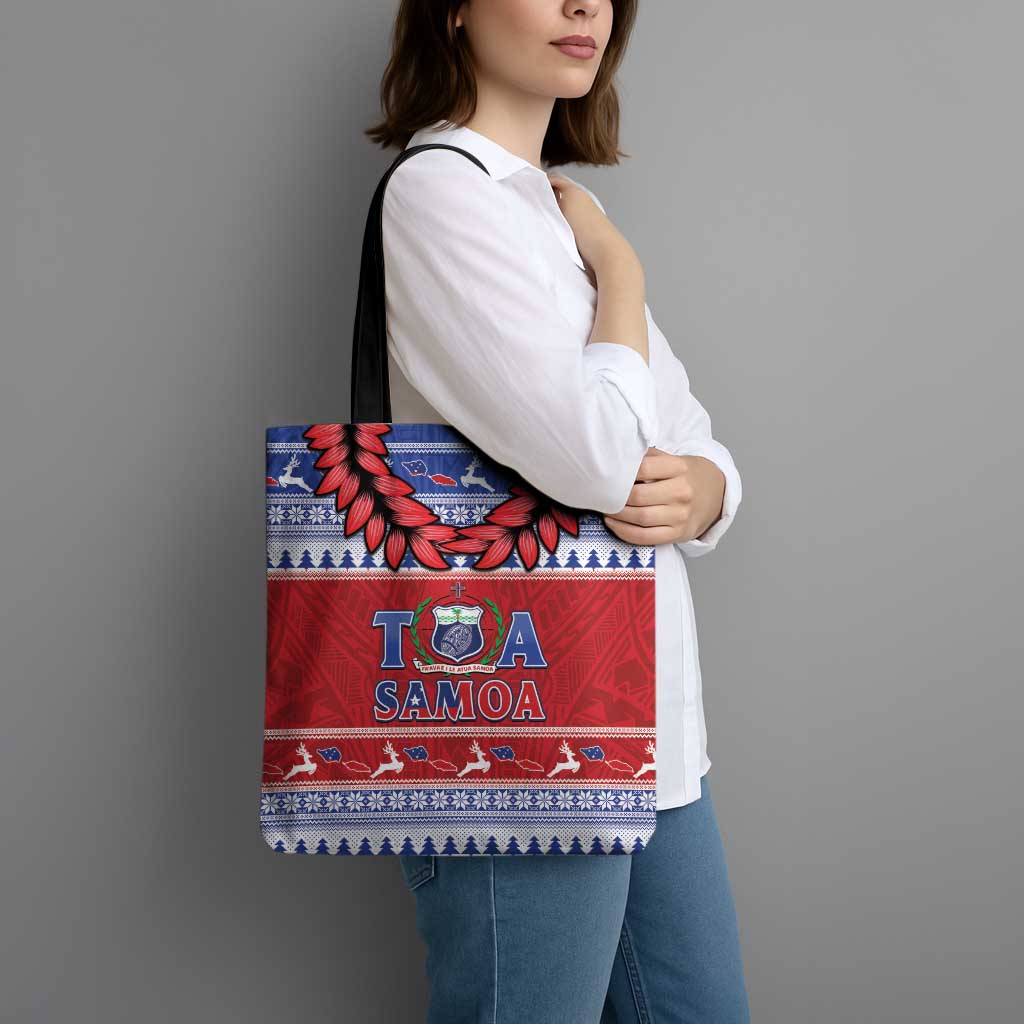 Toa Samoa Rugby Christmas Tote Bag Ula Fala Samoan Pattern Red - Polynesian Pride