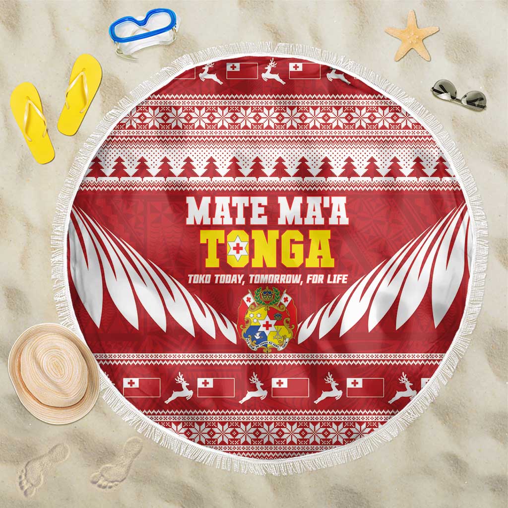 Tonga Rugby Christmas Beach Blanket Mate Maa Tonga Ngatu Pattern - Polynesian Pride